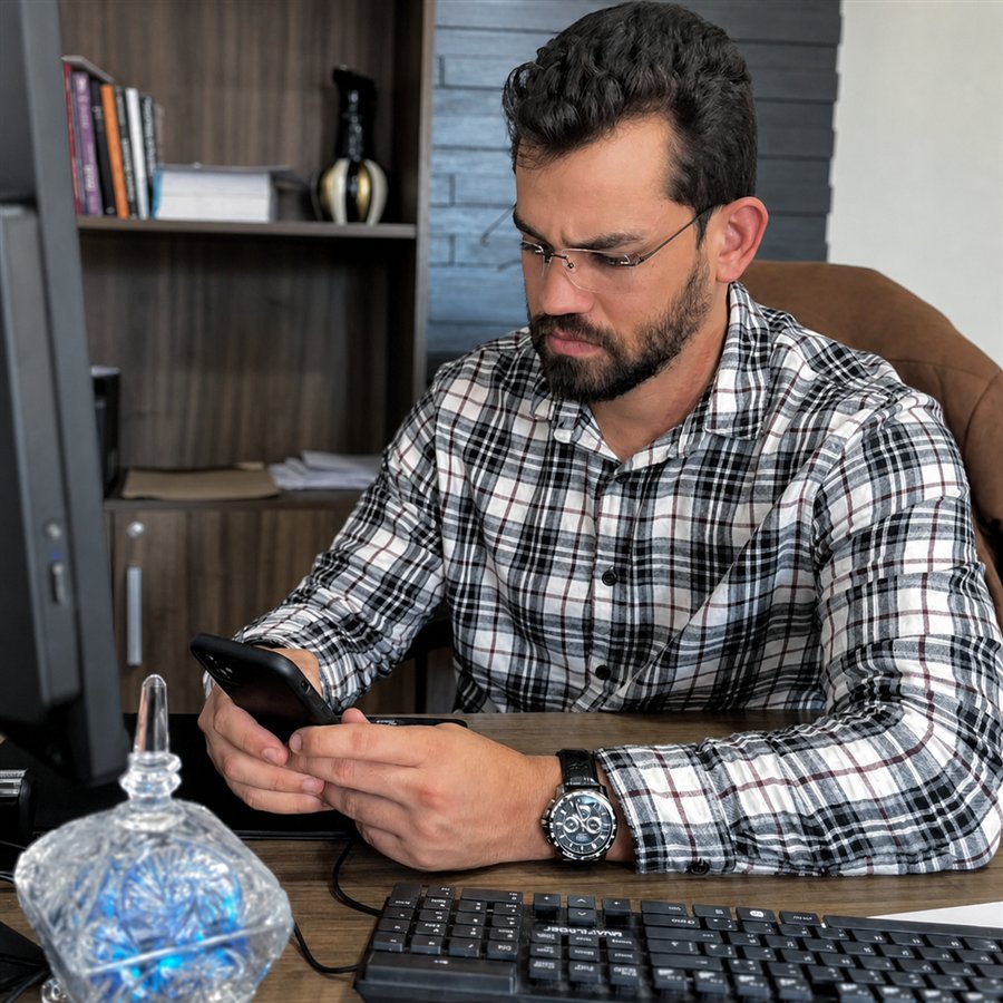 Ikaro Costa em seu escritório, analisando uma demanda