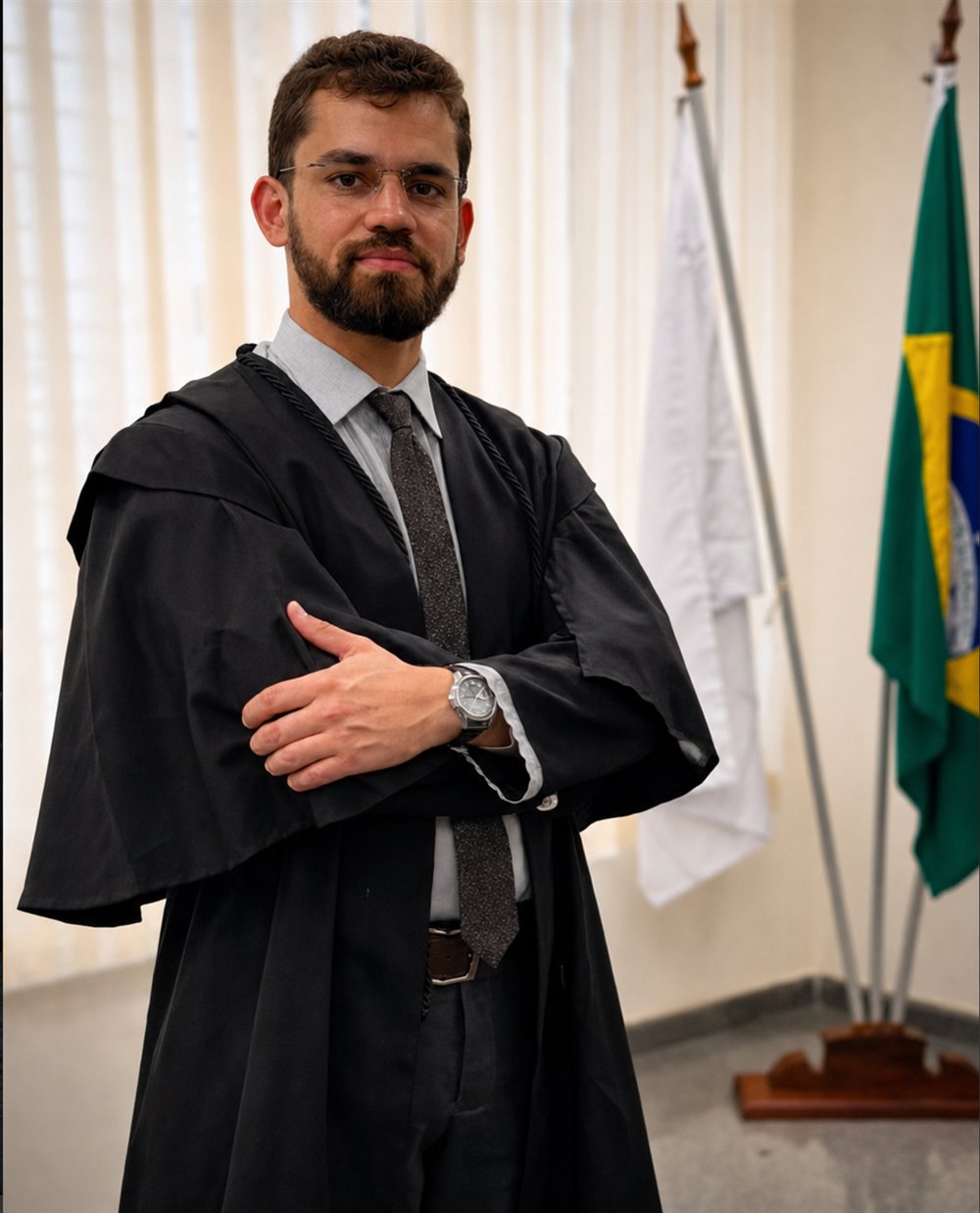 Advogado Ikaro Costa usando toga em ambiente institucional